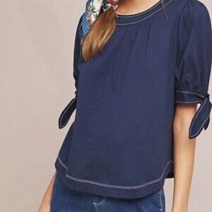 Anthropologie Navy Blue Rialto Tie Sleeve Nautical Top (Size Small)